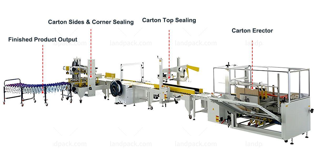 Landpack carton erector line with the carton erector, top sealer and transfer conveyors labeled.