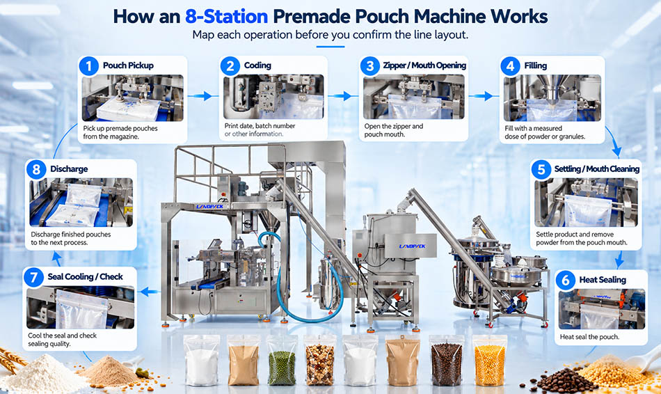 8-Station Premade Pouch Packing Machine Workflow 8-station rotary premade pouch packing machine workflow for pouch pickup opening filling sealing and discharge