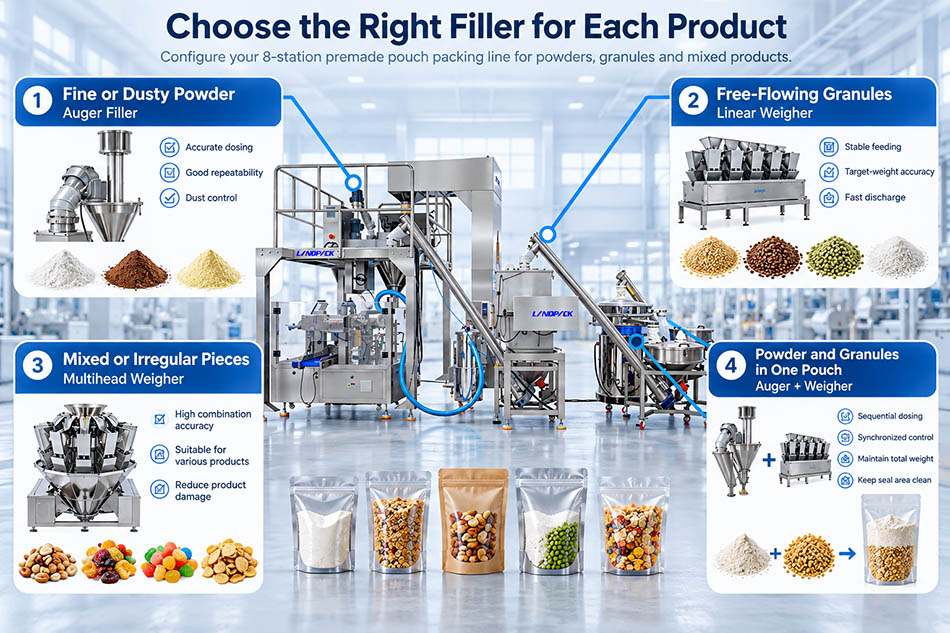 Powder and Granule Dosing System Selection auger filler linear weigher and multihead weigher options for powder and granule premade pouch packing