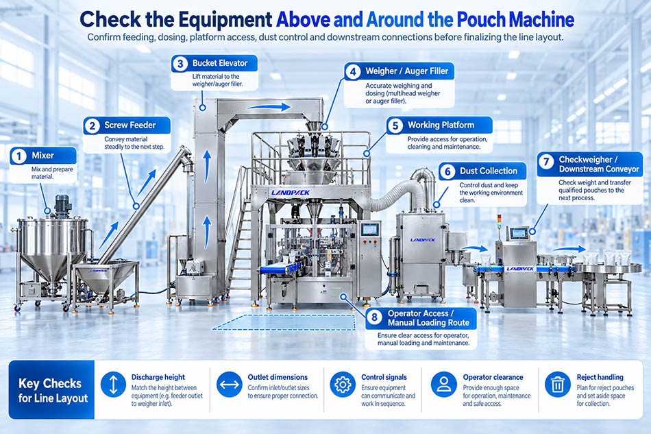 Premade Pouch Packing Line Equipment Layout mixer screw feeder weigher working platform dust collector and checkweigher around a premade pouch packing machine