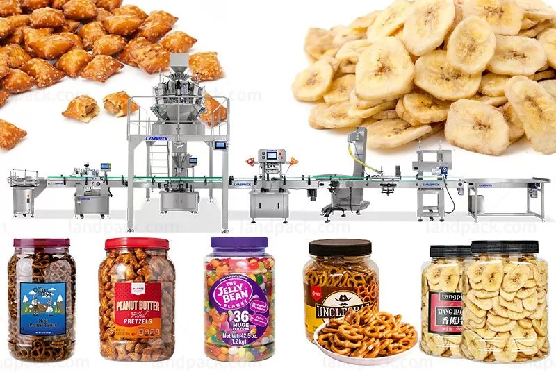 Automatic Granule Snack Bottling Canning Weighing Filling Sealing Labeling Machine Line