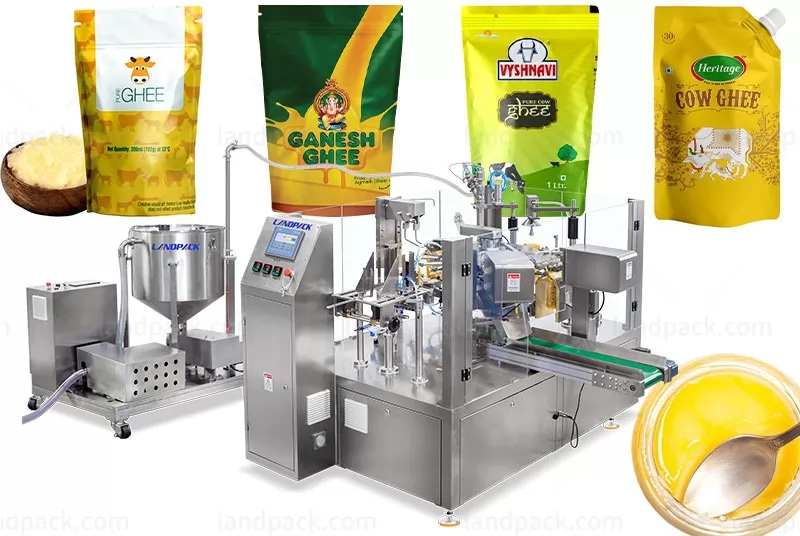 Full Automatic Ghee Pouch Rotary Doypack Filling Sealing Machine With Storage Tank