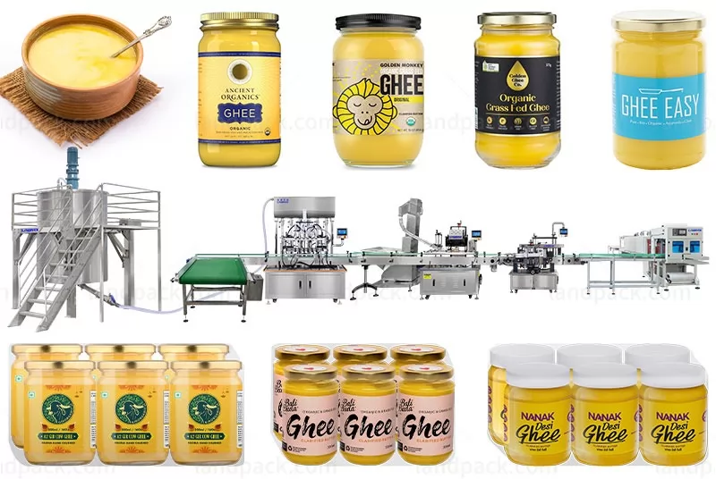 Automatic Liquid Ghee Oil Filling Capping Labeling Line With Mixing Tank And Shrink Wrapper