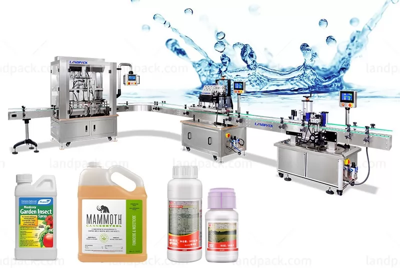 Automatic L Type Chemical Liquid Bottle Piston Filling Capping Labeling Machine Line