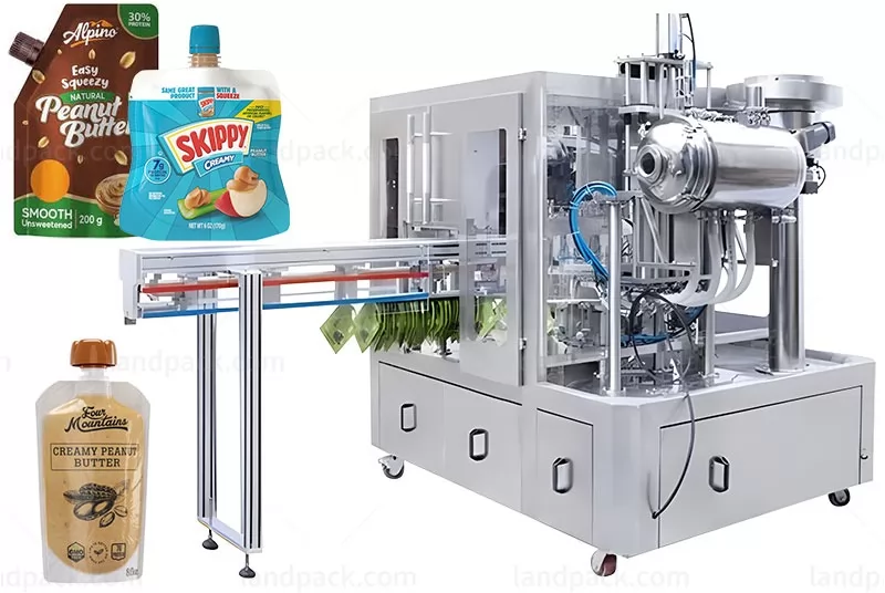 Automatic Liquid Peanut Butter Spout Pouch Filling Capping Packing Machine