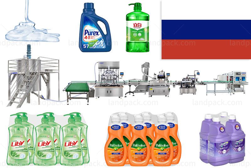 Russia Liquid Detergent Bottle Filling Capping Labeling Shrinking Line Solution