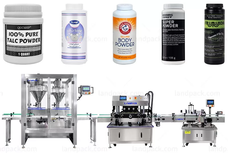 Double Heads Talcum Powder Canister Weighing Filling Capping Labeling Machine Lines