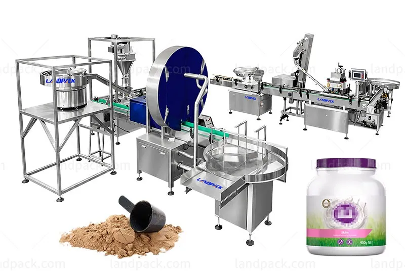 Automatic Double-Head Milk Powder Bottle Filling Capping Labeling Line with UV Sterilization & Spoon Insertion