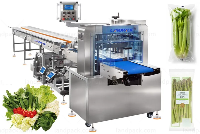 Automatic Celtuce Lettuce Pillow Flow Wrapping Machine with Hole Punching, Labeling and Coding