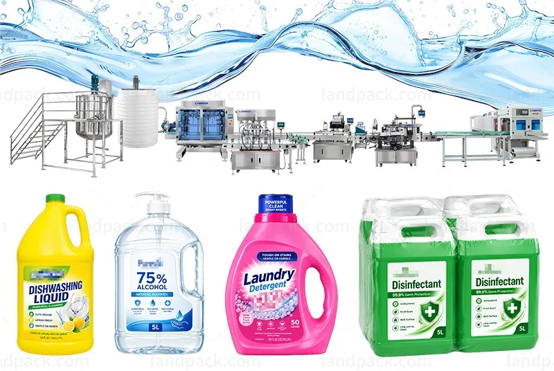 Automatic Chemical Liquid Bottle Filling Capping Labeling Shrink Wrapping Line