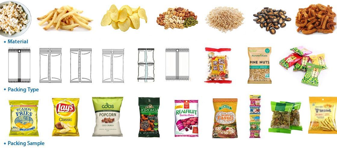 Chips/ Crisps/ Popcorn/ Granular/ Strip and Flake Sachet Packing Machine