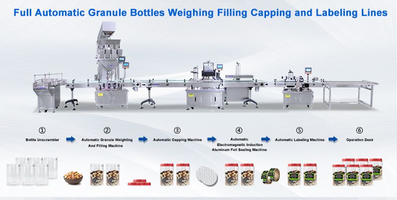 Automatic Nuts Bottles Weighing Filling Capping and Labeling Lines