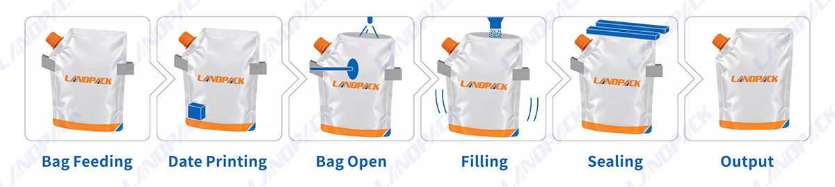 Workflow 1. Salt Feeding, 2. Z-Type Elevating, 3. 4-Head Linear Weighing, 4. Premade Pouch Feeding, 5. Ribbon Date Coding, 6. Pouch Opening, 7. Salt Filling, 8. Heat Sealing, 9. Finished Pouch Output